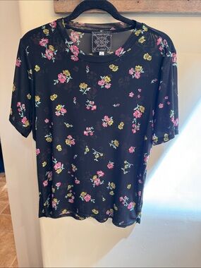 Johnny Was Black Short Sleeve Tee with Pink and Yellow Floral Print